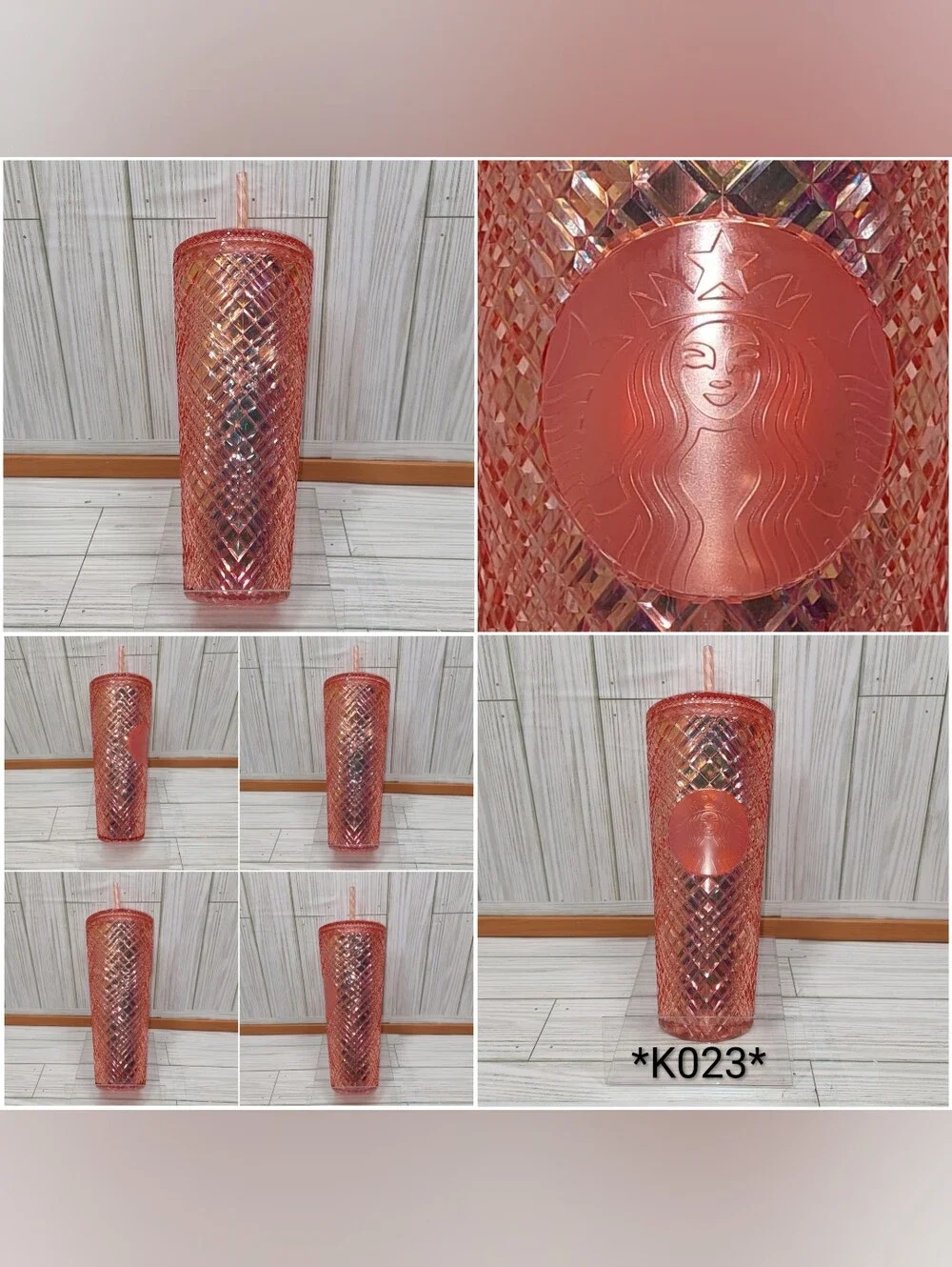 Starbucks 24oz Acrylic Peach Diamond Textured Lid & Straw Mermaid Drink Tumbler